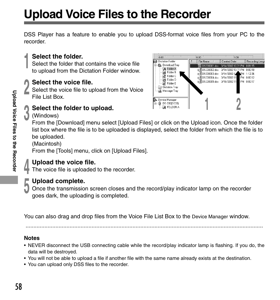 Upload voice files to the recorder | Olympus DS-330 User Manual | Page 58 / 76