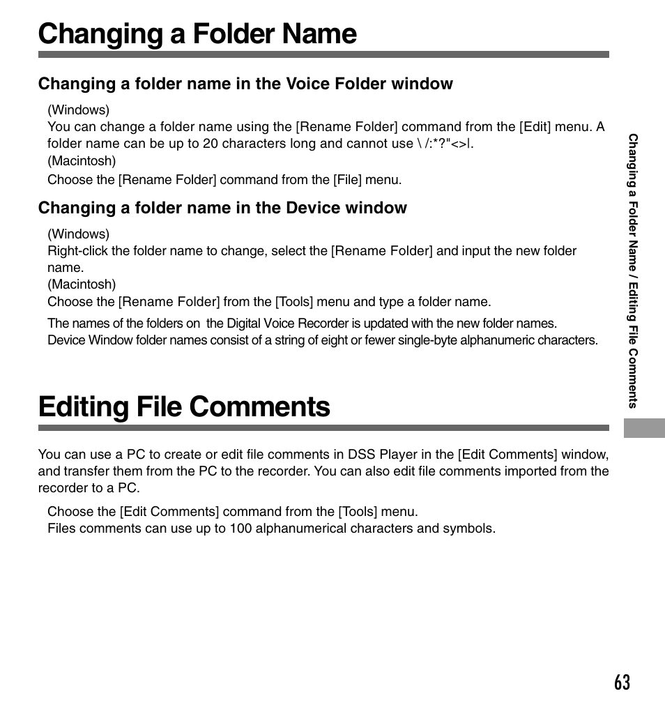 Editing file comments, Changing a folder name | Olympus DS-330 User Manual | Page 63 / 76