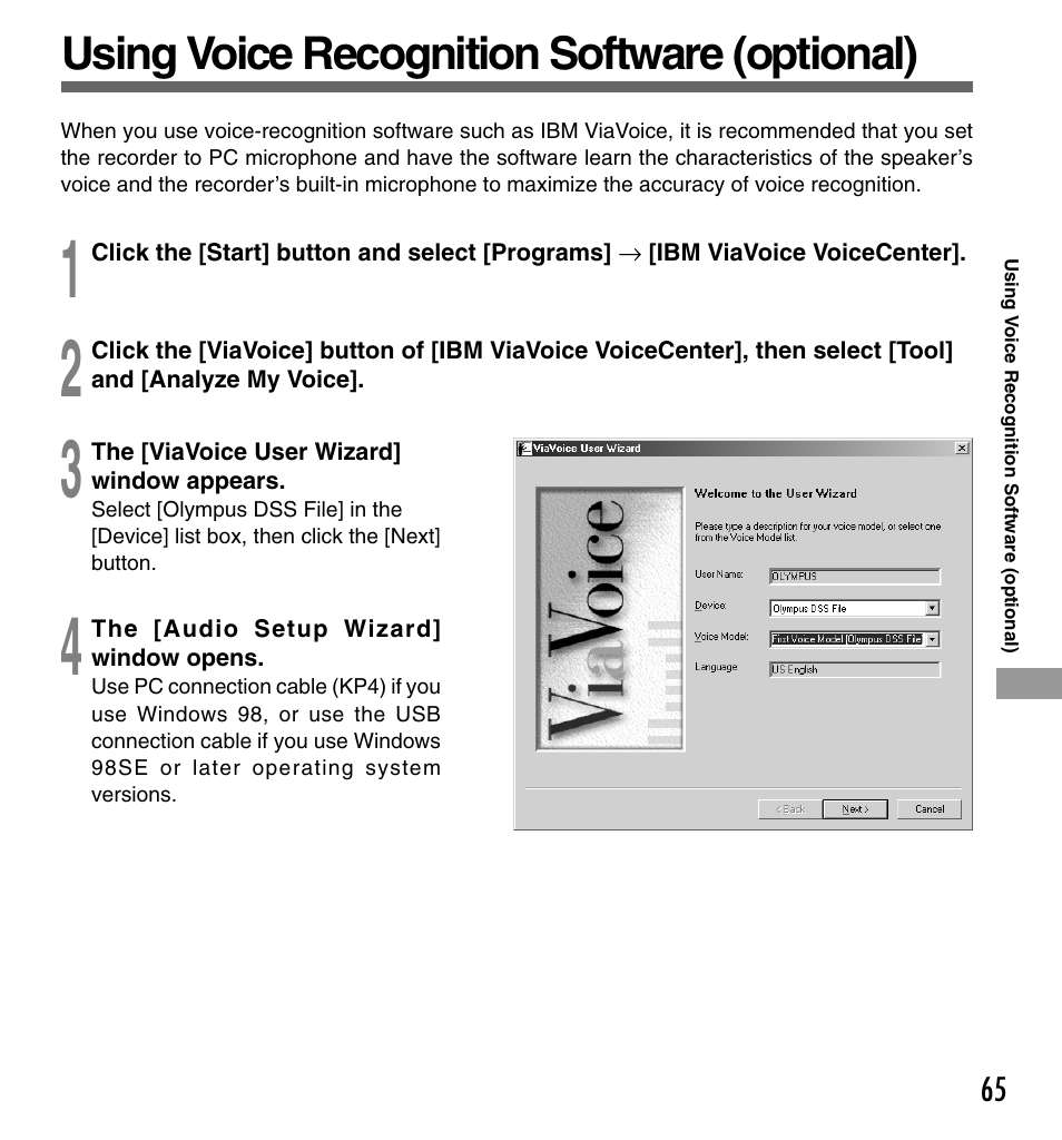 Using voice recognition software (optional) | Olympus DS-330 User Manual | Page 65 / 76