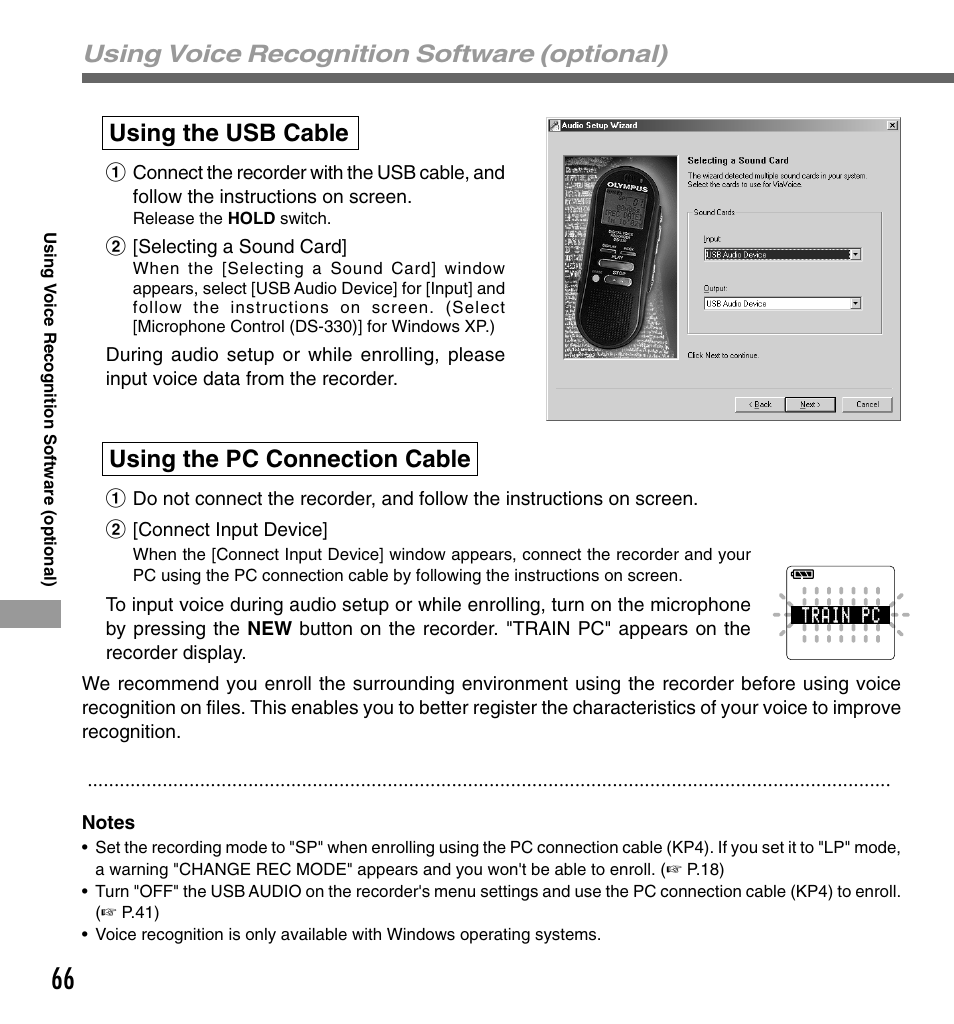 Using voice recognition software (optional), Using the usb cable, Using the pc connection cable | Olympus DS-330 User Manual | Page 66 / 76
