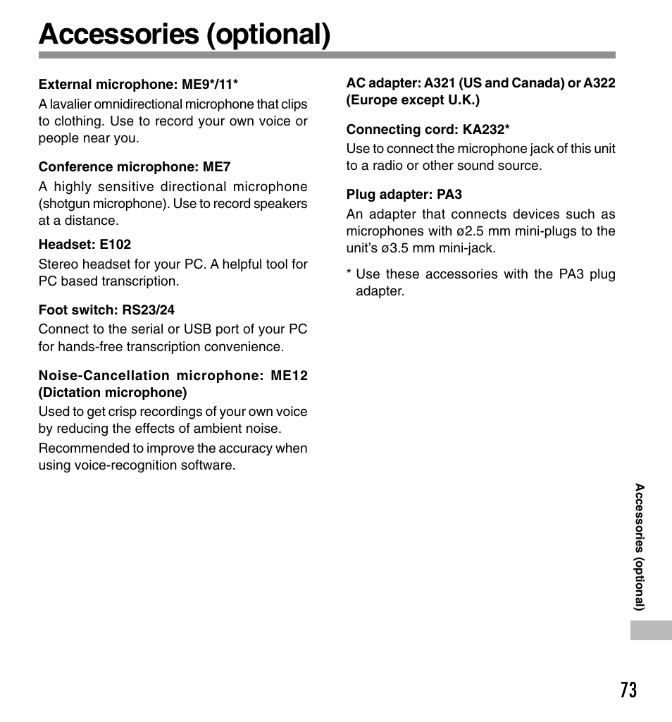 Accessories (optional) | Olympus DS-330 User Manual | Page 73 / 76