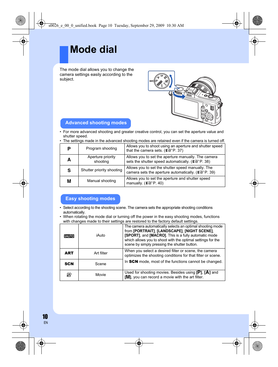 Mode dial | Olympus E-P2 User Manual | Page 10 / 164