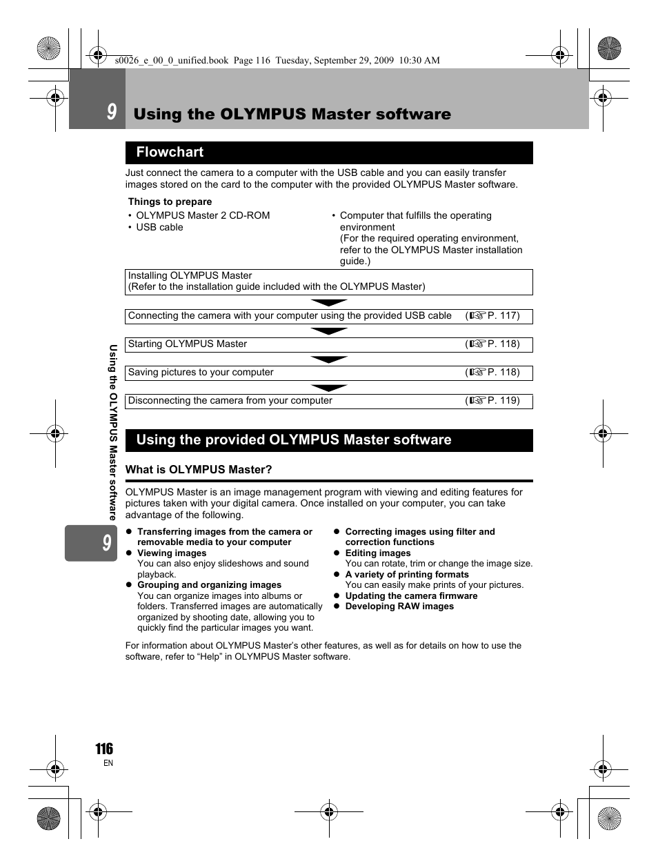 Using the olympus master software, Flowchart, Using the provided olympus master software | Olympus E-P2 User Manual | Page 116 / 164