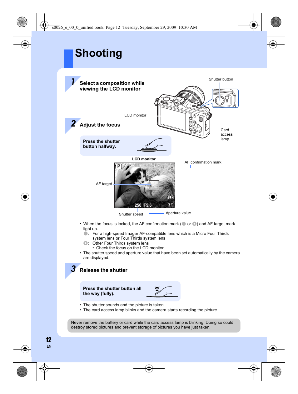 Shooting | Olympus E-P2 User Manual | Page 12 / 164