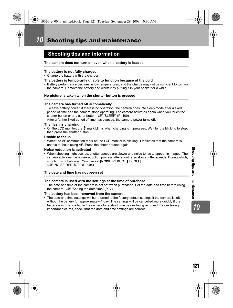 Shooting tips and maintenance, Shooting tips and information | Olympus E-P2 User Manual | Page 121 / 164