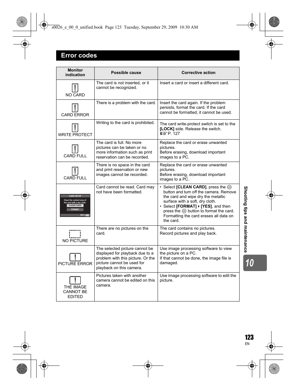 Error codes | Olympus E-P2 User Manual | Page 123 / 164