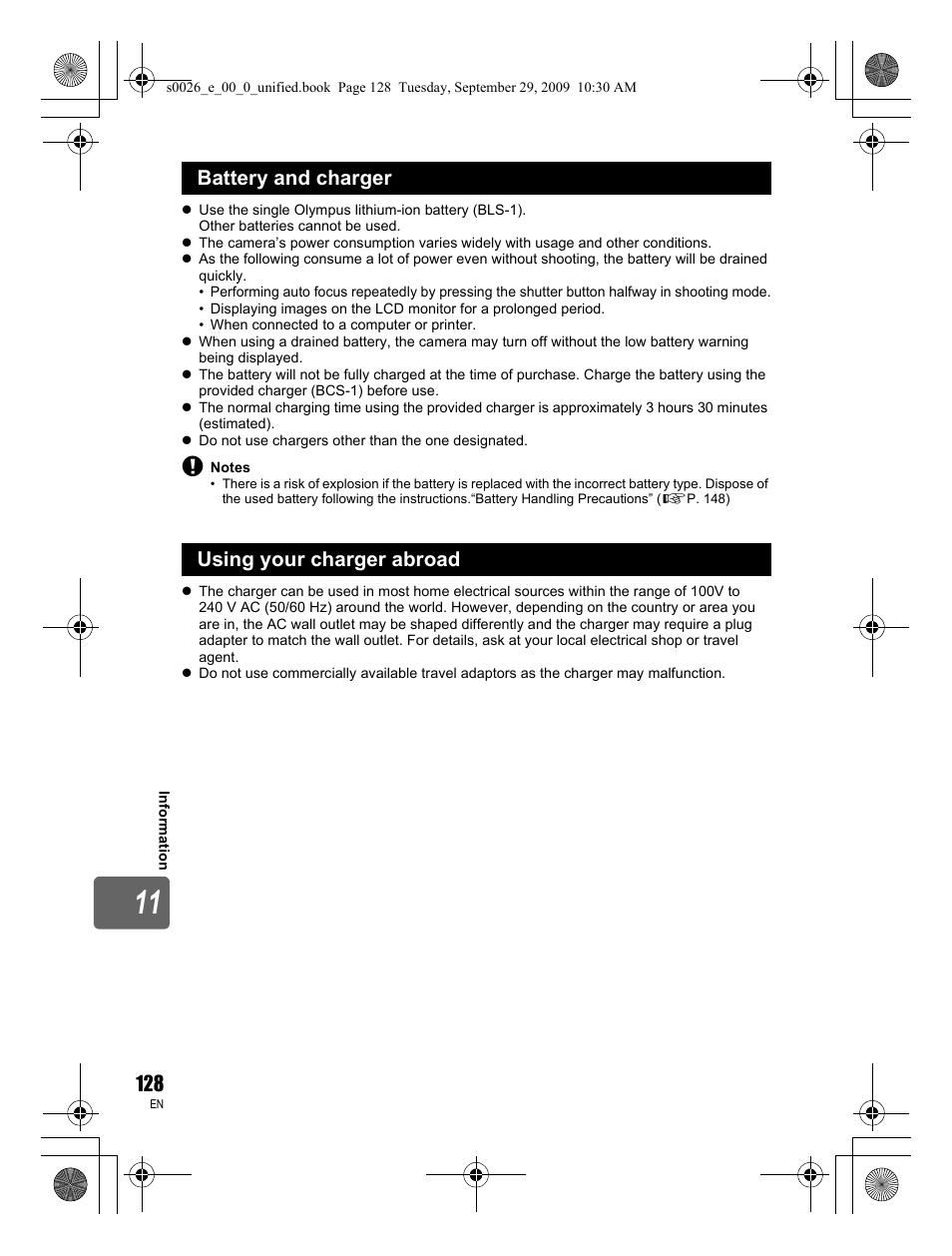 Battery and charger using your charger abroad | Olympus E-P2 User Manual | Page 128 / 164
