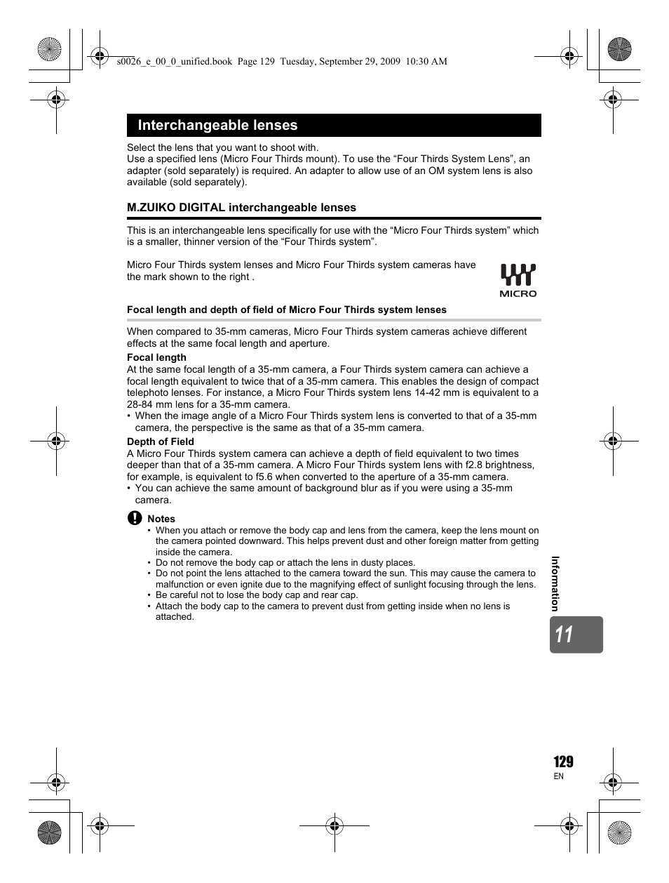 Interchangeable lenses | Olympus E-P2 User Manual | Page 129 / 164