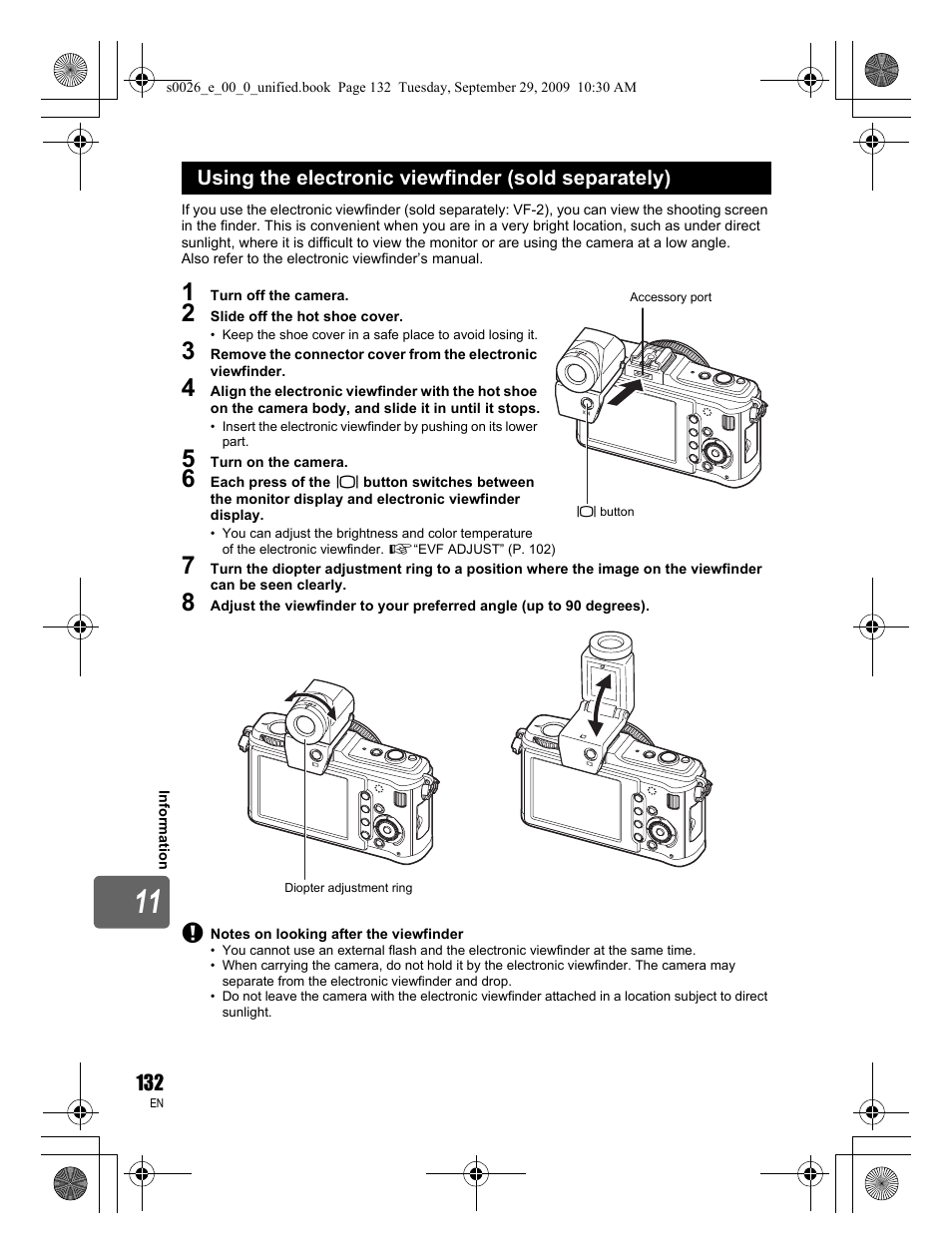 Using the electronic viewfinder (sold separately) | Olympus E-P2 User Manual | Page 132 / 164