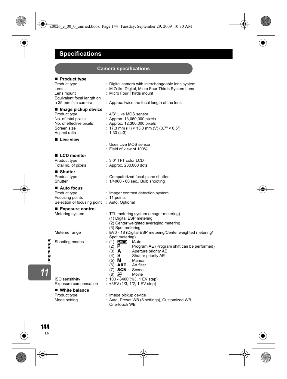 Specifications | Olympus E-P2 User Manual | Page 144 / 164