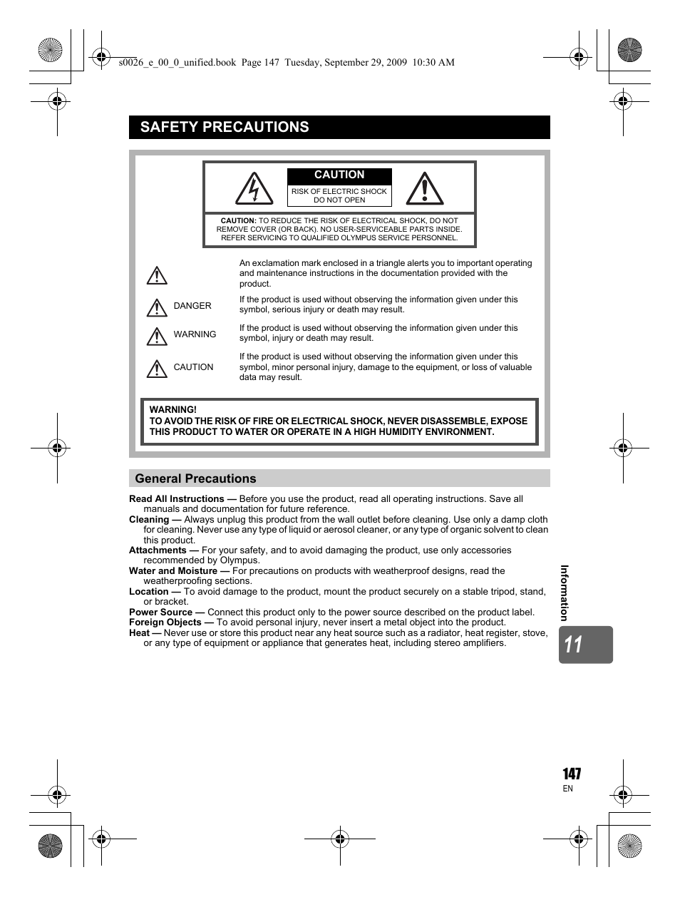 Safety precautions, General precautions | Olympus E-P2 User Manual | Page 147 / 164