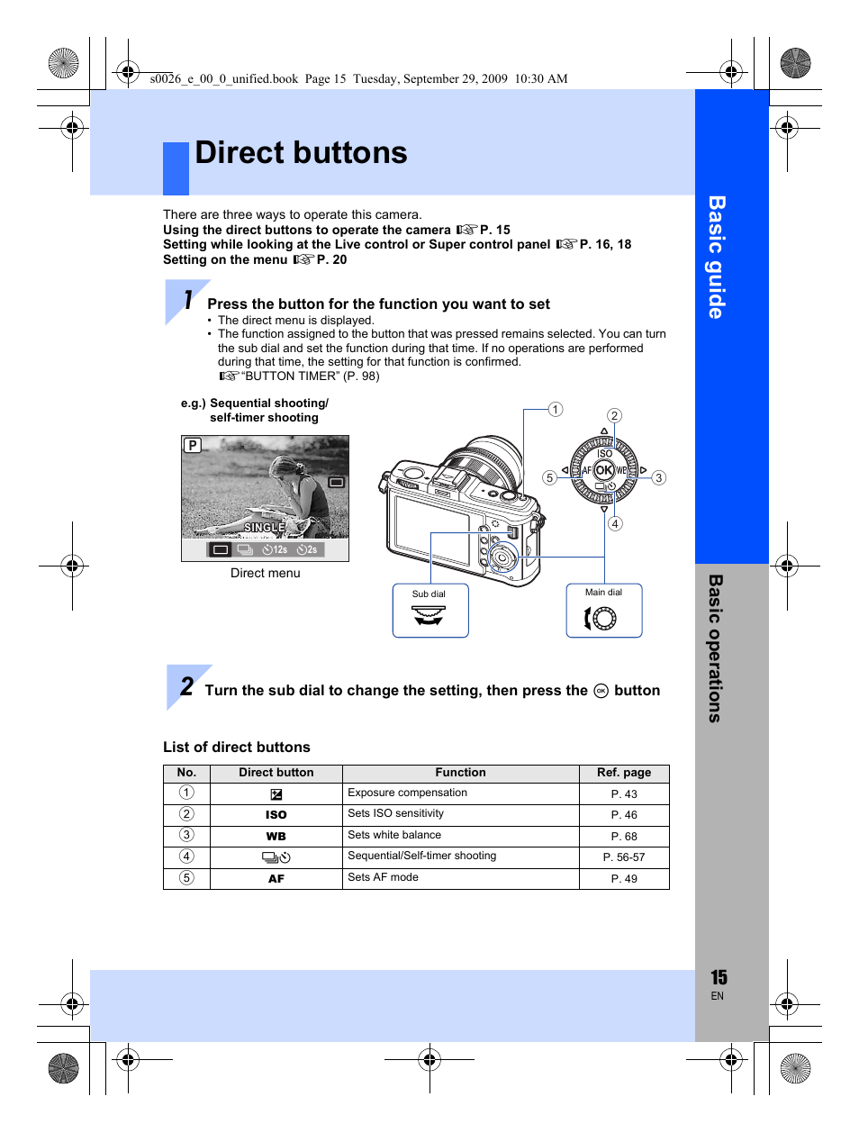 Direct buttons, Basic guid e, Basic op erat ions | Olympus E-P2 User Manual | Page 15 / 164