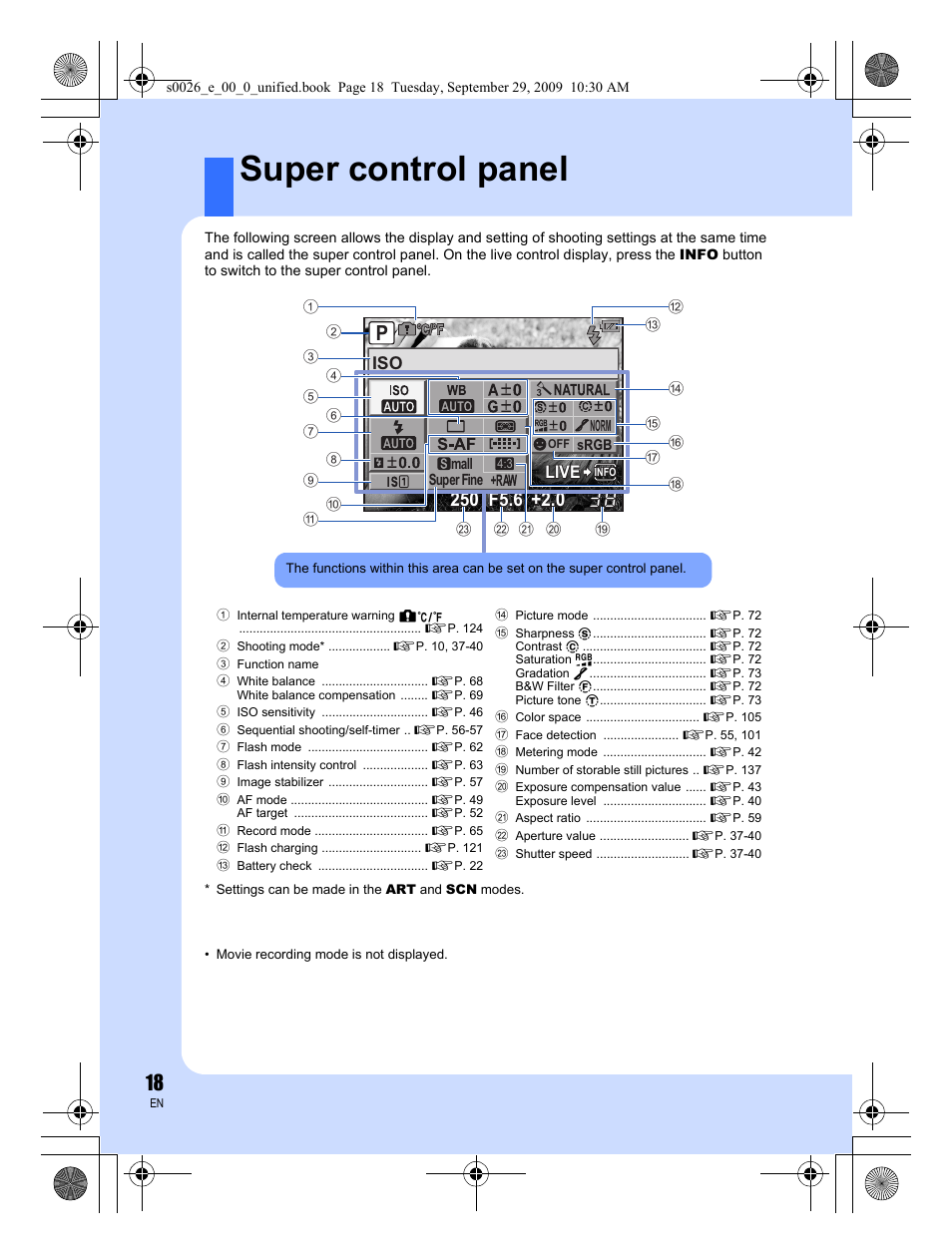 Super control panel, Live | Olympus E-P2 User Manual | Page 18 / 164