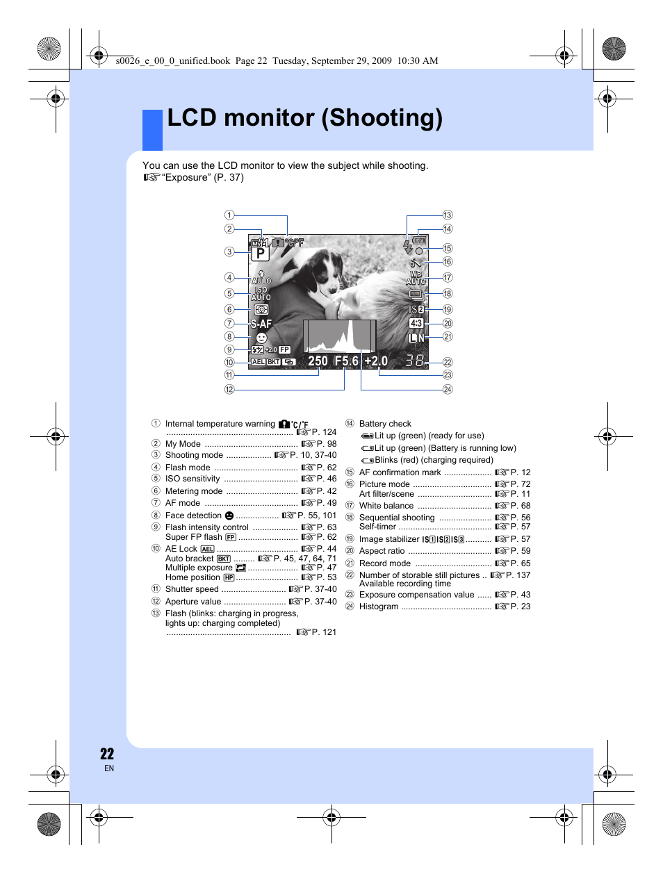 Lcd monitor (shooting) | Olympus E-P2 User Manual | Page 22 / 164