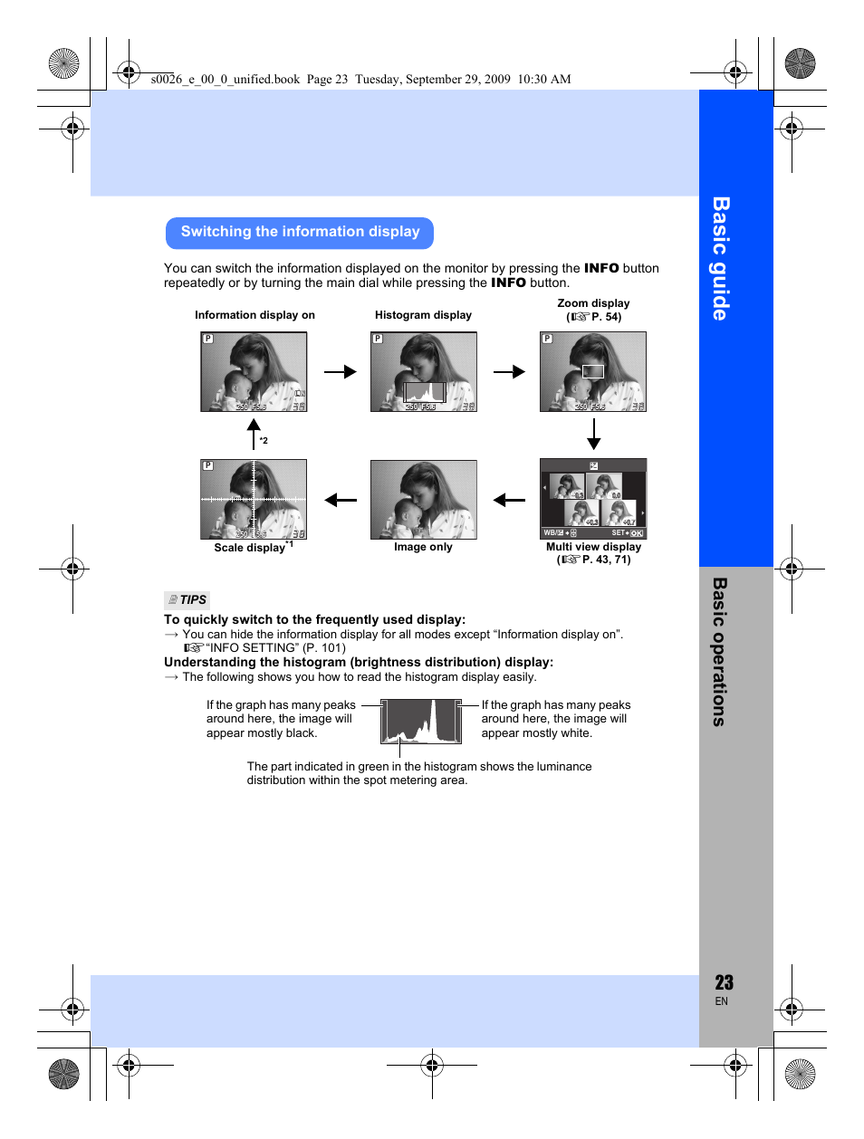 Basic guid e, Basic op erat ions, Switching the information display | Olympus E-P2 User Manual | Page 23 / 164