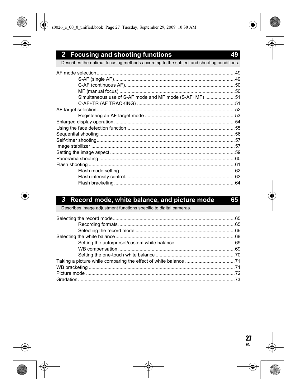 Focusing and shooting functions 49, Record mode, white balance, and picture mode 65 | Olympus E-P2 User Manual | Page 27 / 164