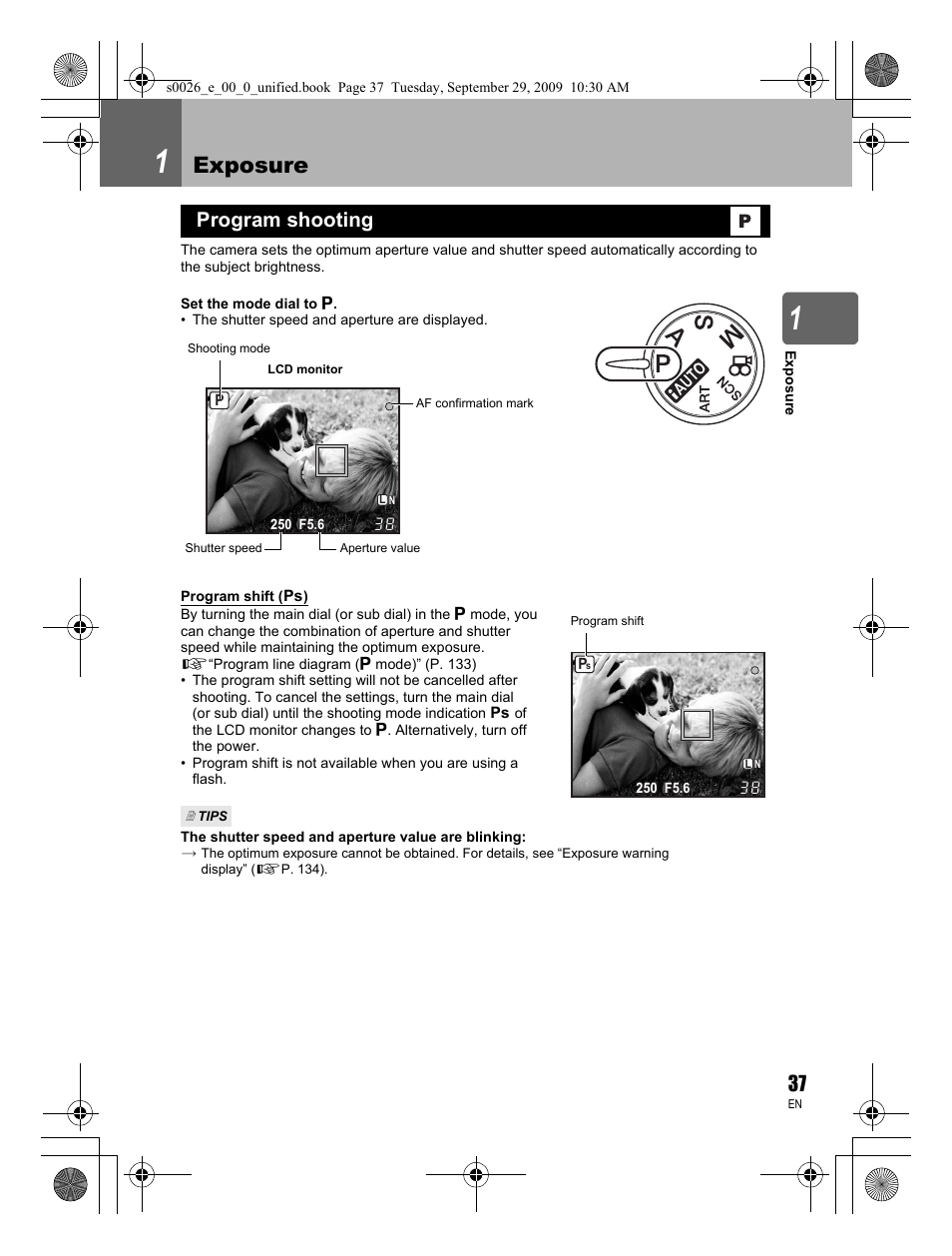 Exposure, Program shooting | Olympus E-P2 User Manual | Page 37 / 164