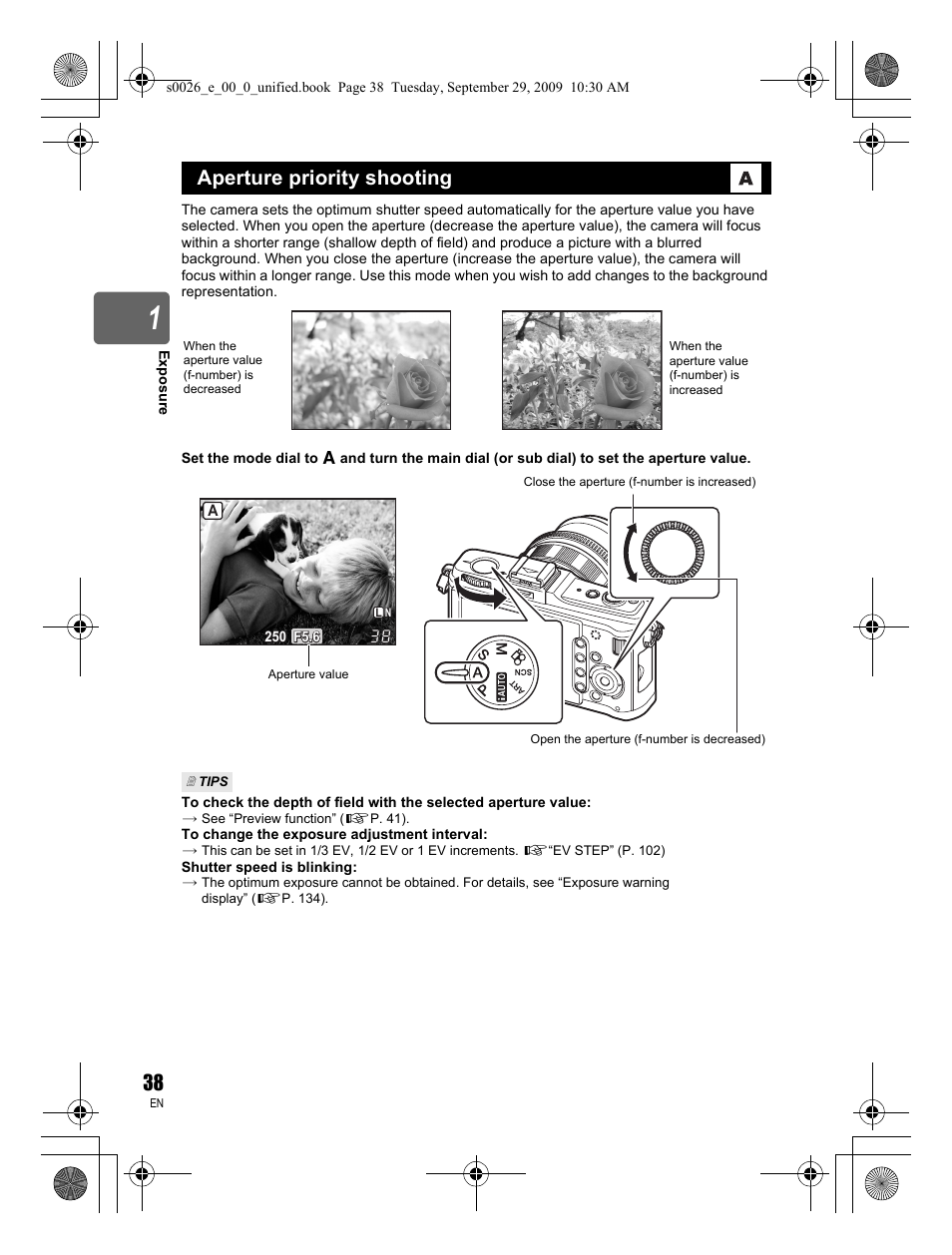 Aperture priority shooting | Olympus E-P2 User Manual | Page 38 / 164