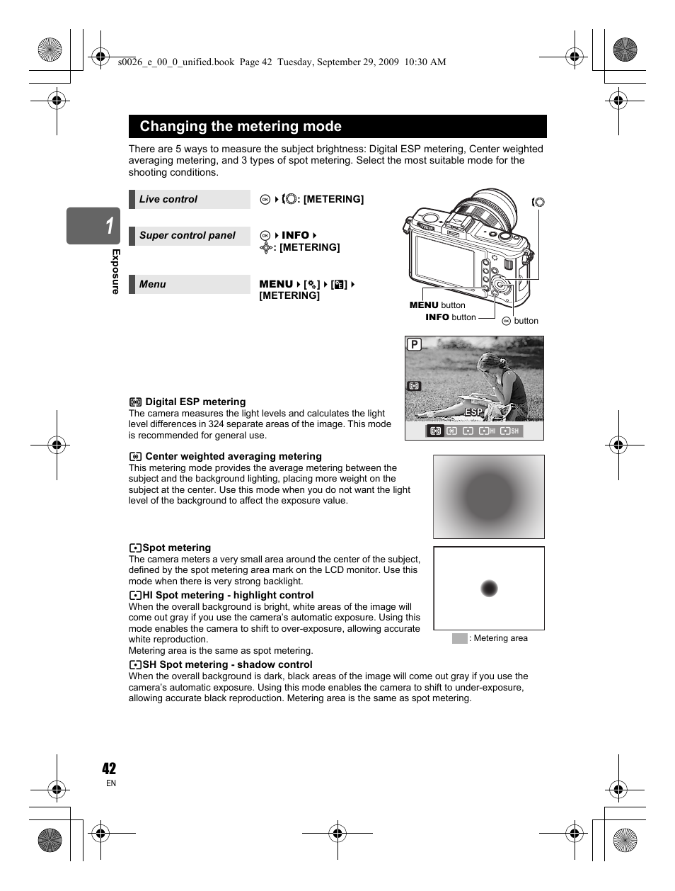 Changing the metering mode | Olympus E-P2 User Manual | Page 42 / 164