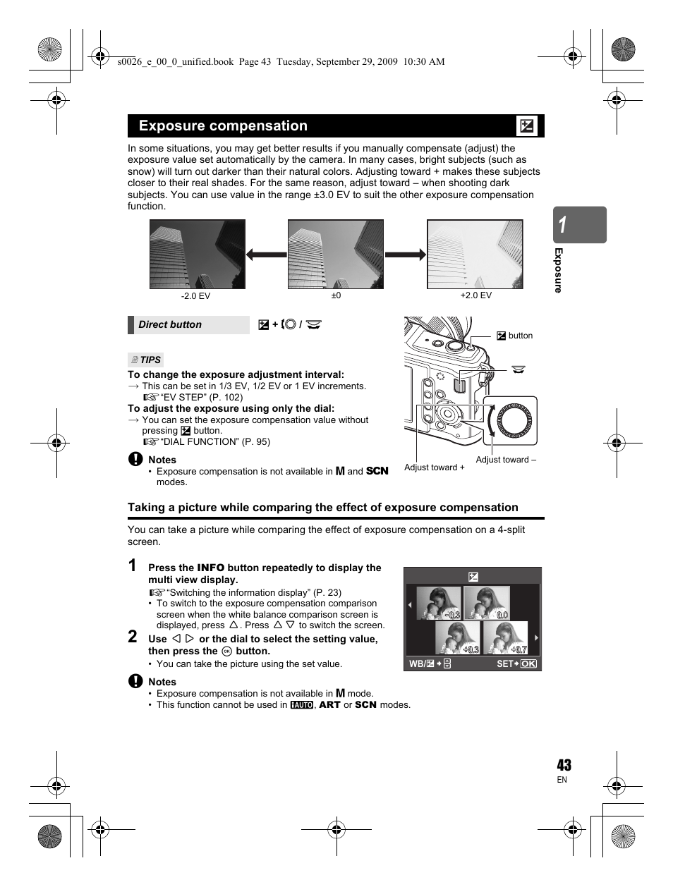 Exposure compensation | Olympus E-P2 User Manual | Page 43 / 164