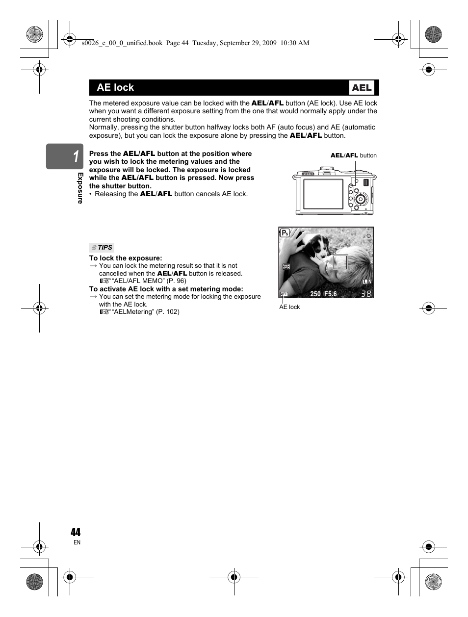 Ae lock | Olympus E-P2 User Manual | Page 44 / 164