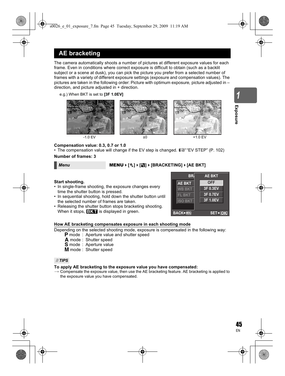Ae bracketing | Olympus E-P2 User Manual | Page 45 / 164