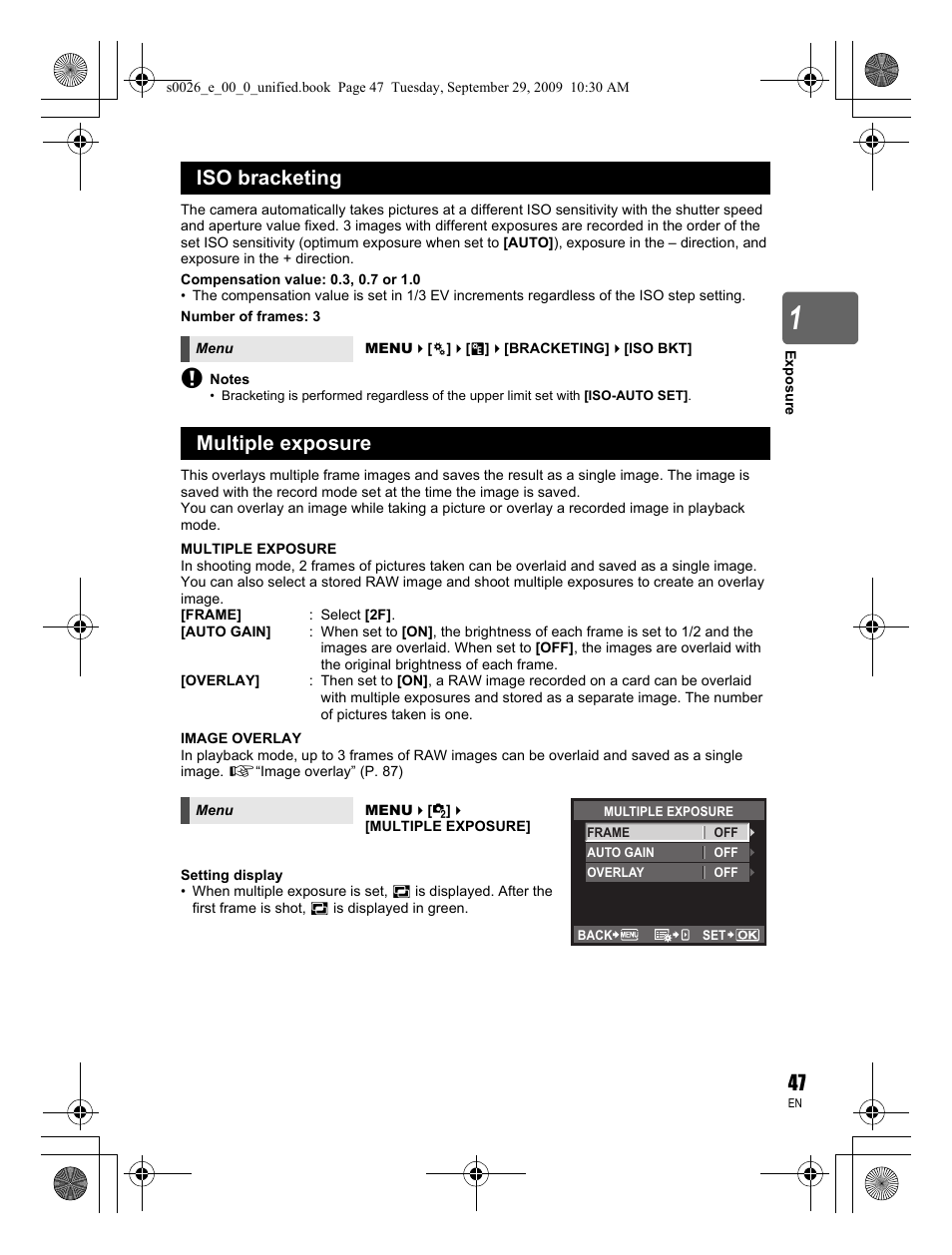 Iso bracketing, Multiple exposure | Olympus E-P2 User Manual | Page 47 / 164