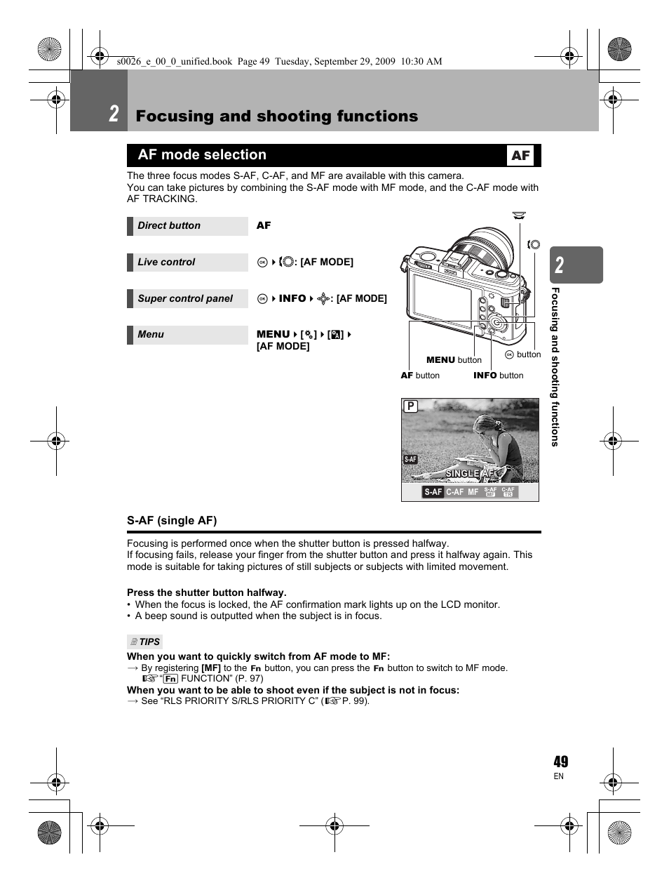 Focusing and shooting functions, Af mode selection | Olympus E-P2 User Manual | Page 49 / 164