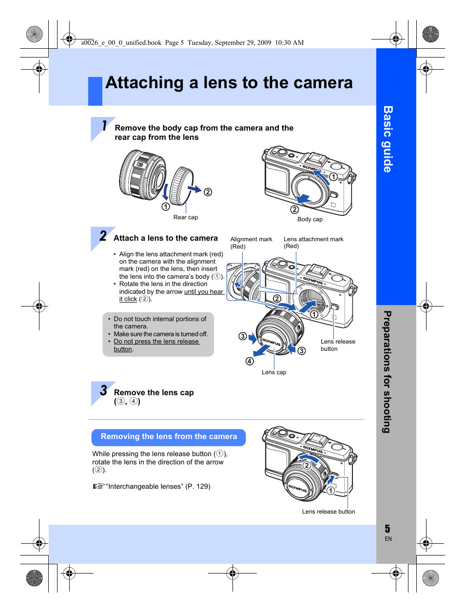 Attaching a lens to the camera, Basic guid e | Olympus E-P2 User Manual | Page 5 / 164