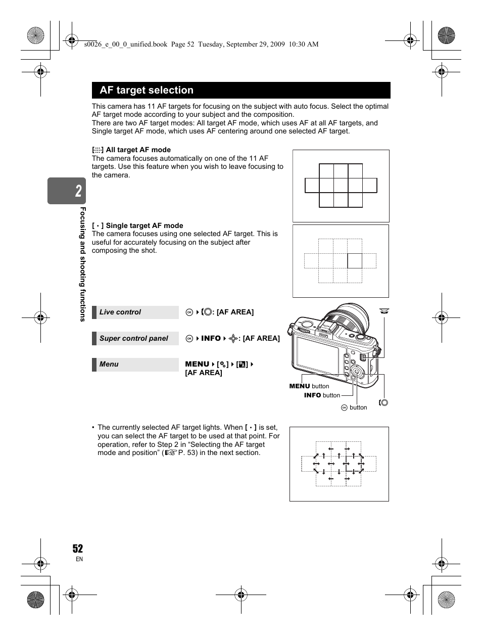 Af target selection | Olympus E-P2 User Manual | Page 52 / 164
