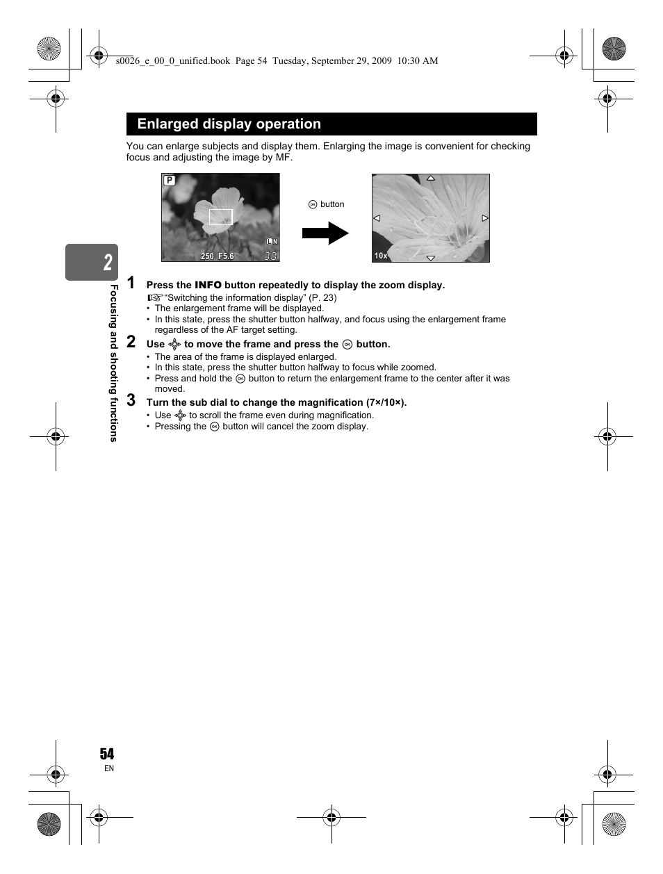 Enlarged display operation | Olympus E-P2 User Manual | Page 54 / 164
