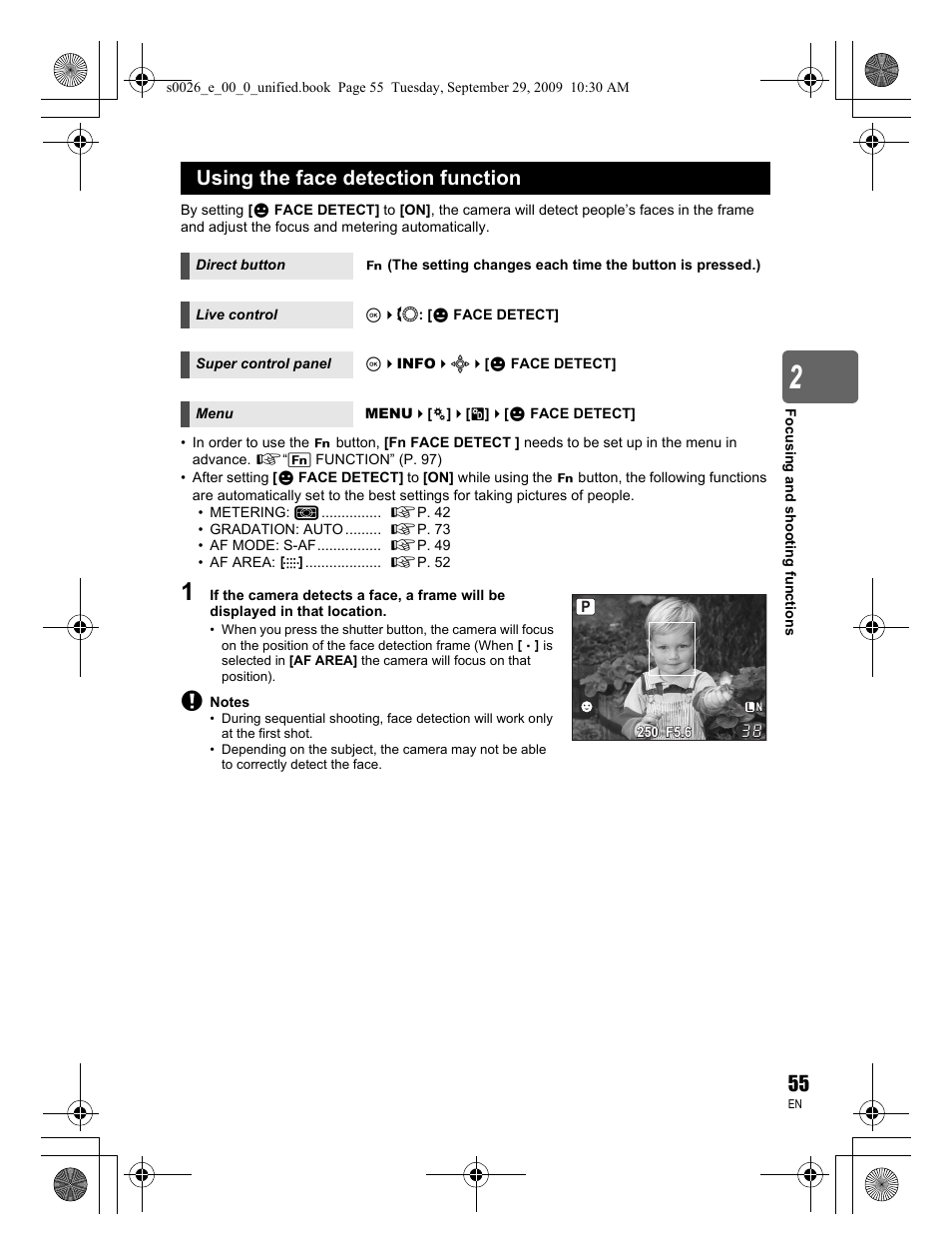 Using the face detection function | Olympus E-P2 User Manual | Page 55 / 164