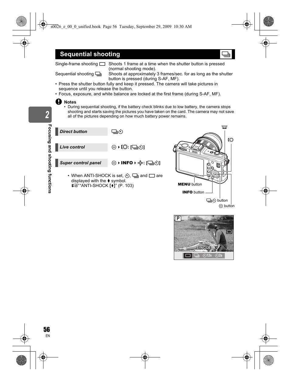 Sequential shooting | Olympus E-P2 User Manual | Page 56 / 164