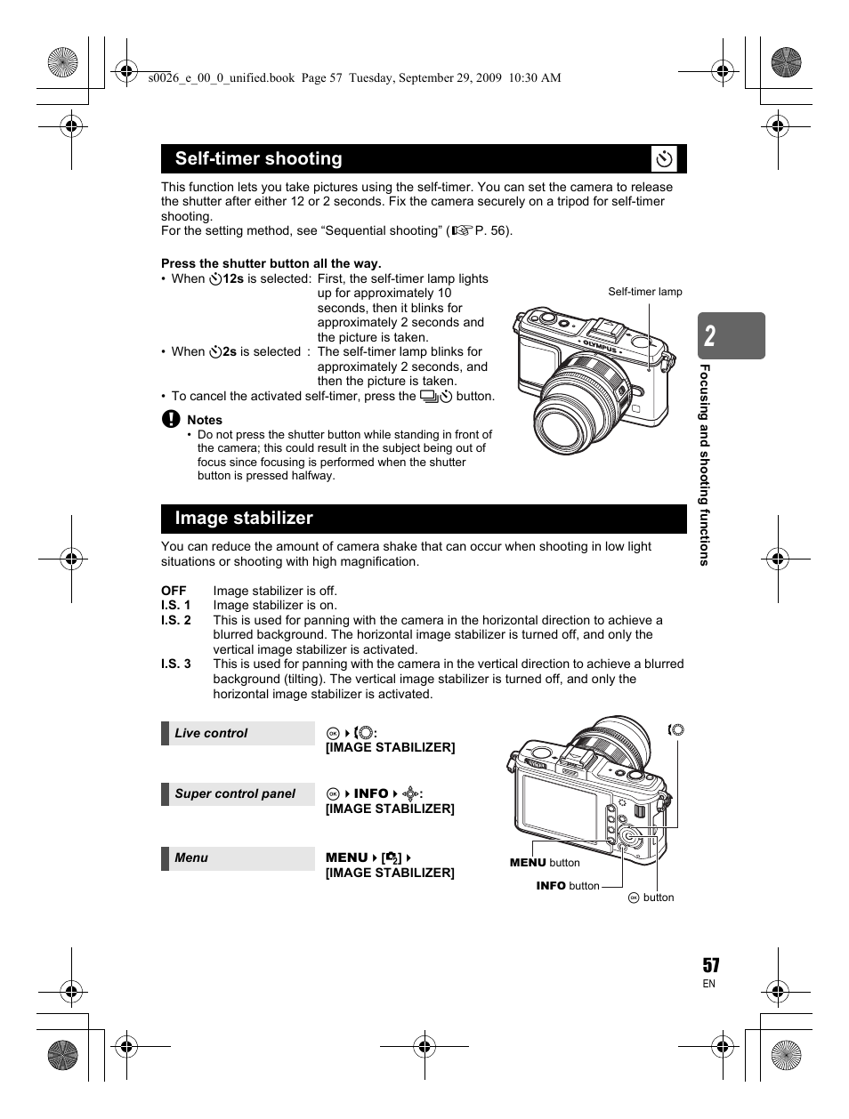 Self-timer shooting image stabilizer | Olympus E-P2 User Manual | Page 57 / 164