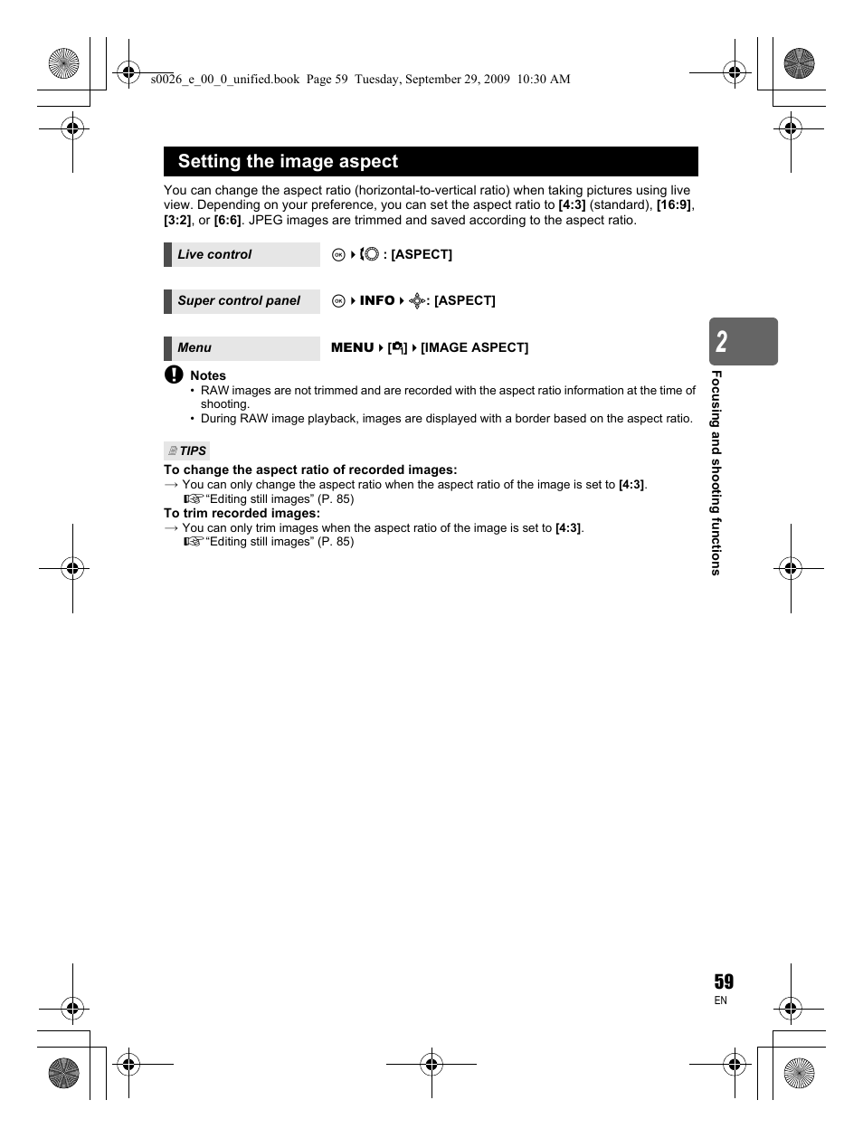 Setting the image aspect | Olympus E-P2 User Manual | Page 59 / 164
