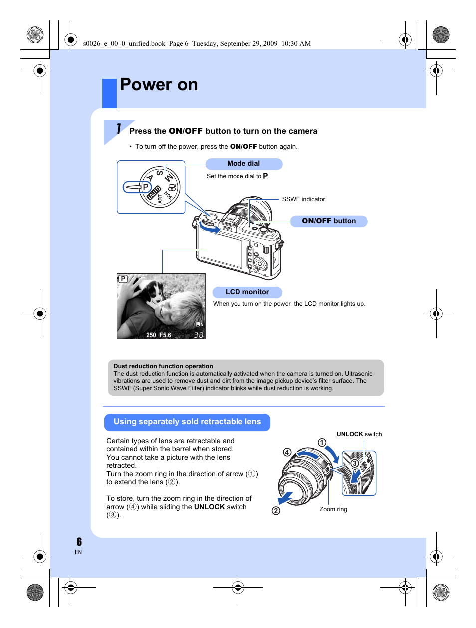Power on | Olympus E-P2 User Manual | Page 6 / 164