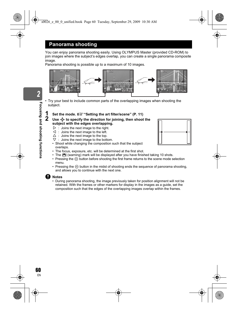 Panorama shooting | Olympus E-P2 User Manual | Page 60 / 164