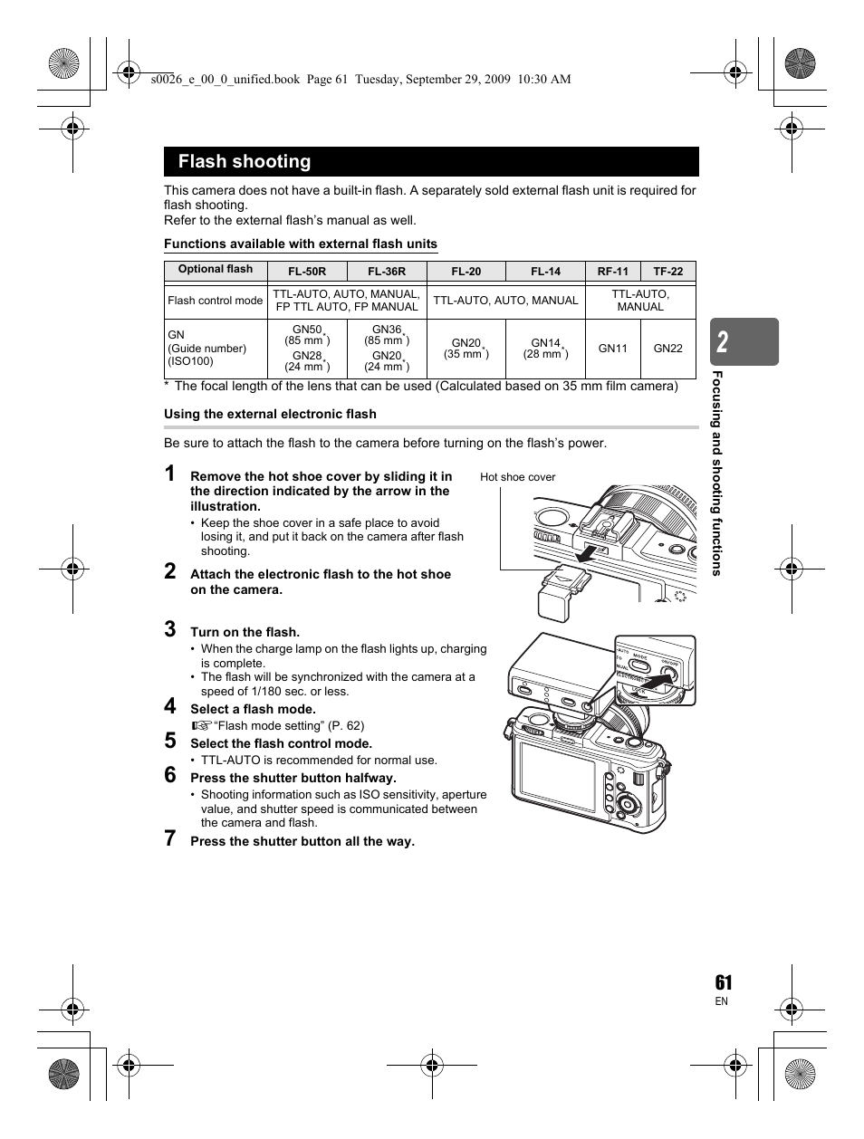 Flash shooting | Olympus E-P2 User Manual | Page 61 / 164