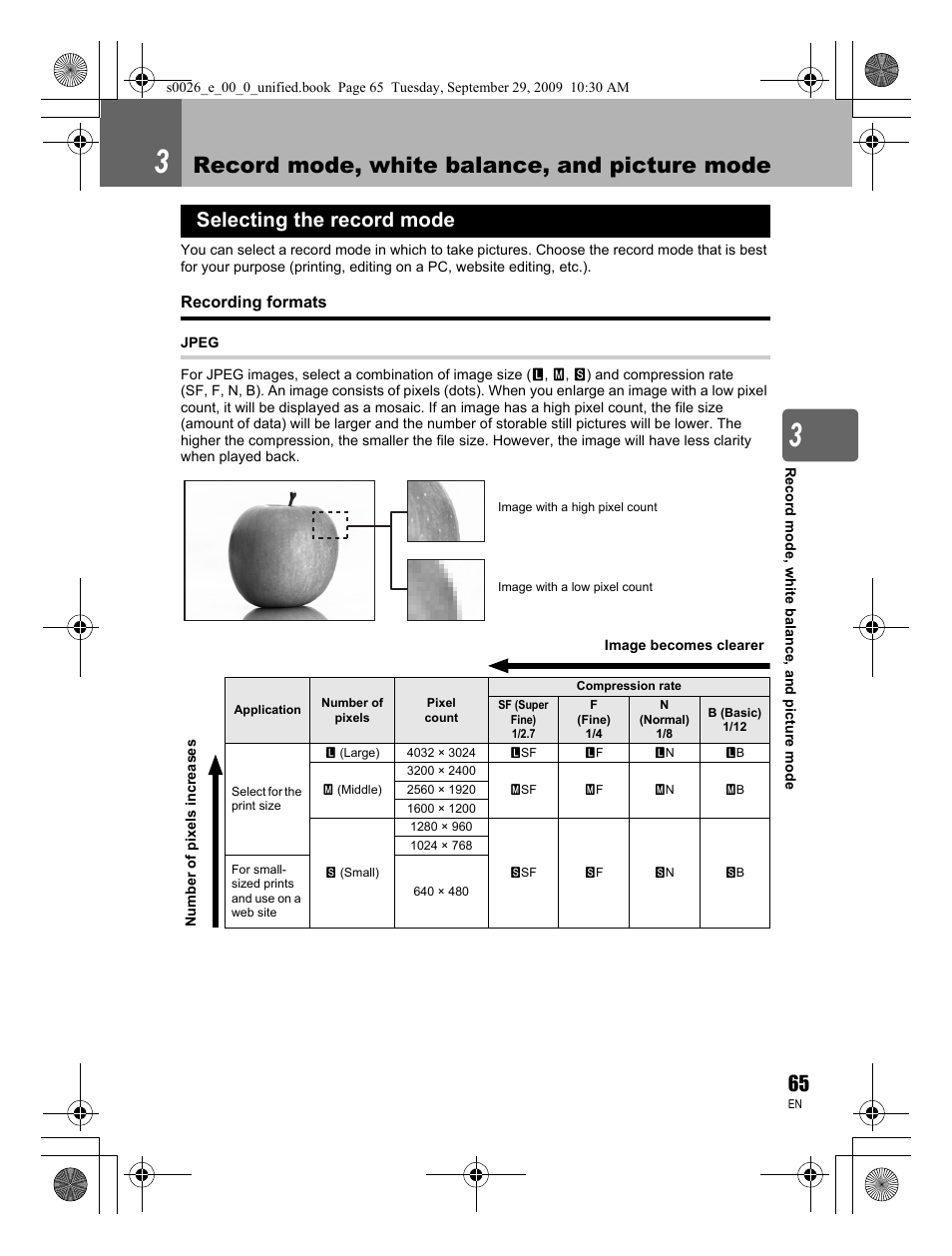 Record mode, white balance, and picture mode, Selecting the record mode | Olympus E-P2 User Manual | Page 65 / 164