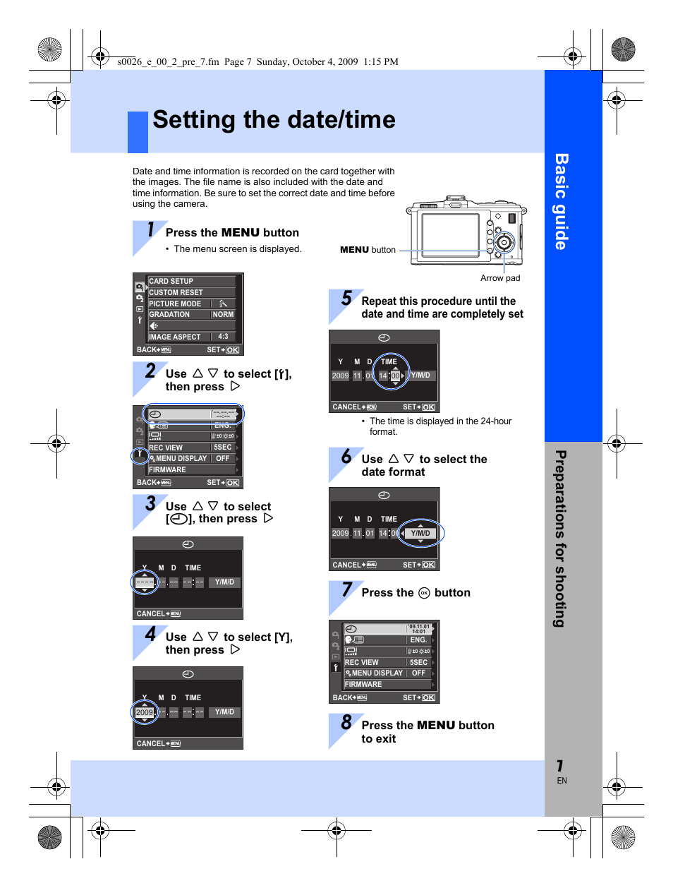 Setting the date/time, Basic guid e | Olympus E-P2 User Manual | Page 7 / 164