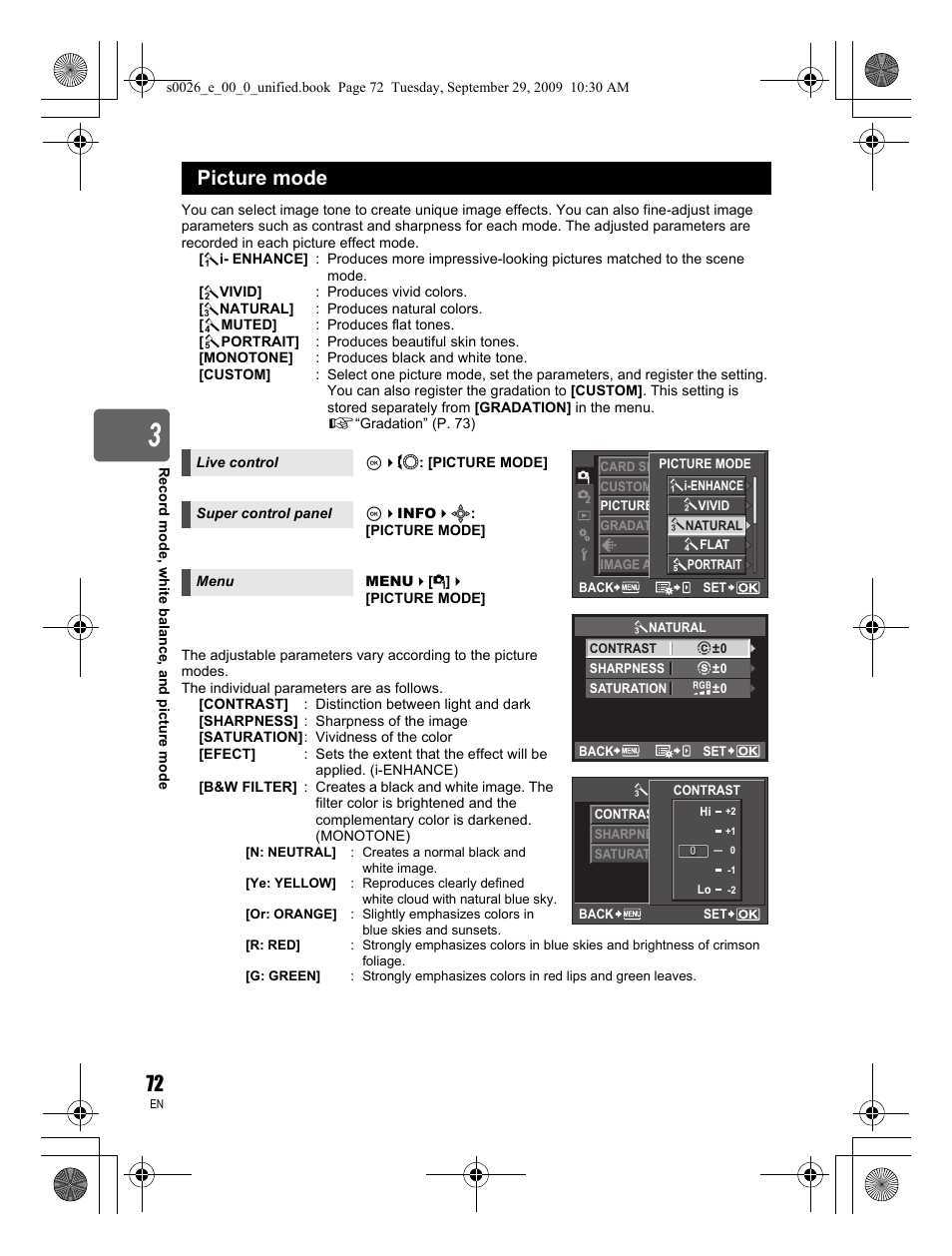 Picture mode | Olympus E-P2 User Manual | Page 72 / 164