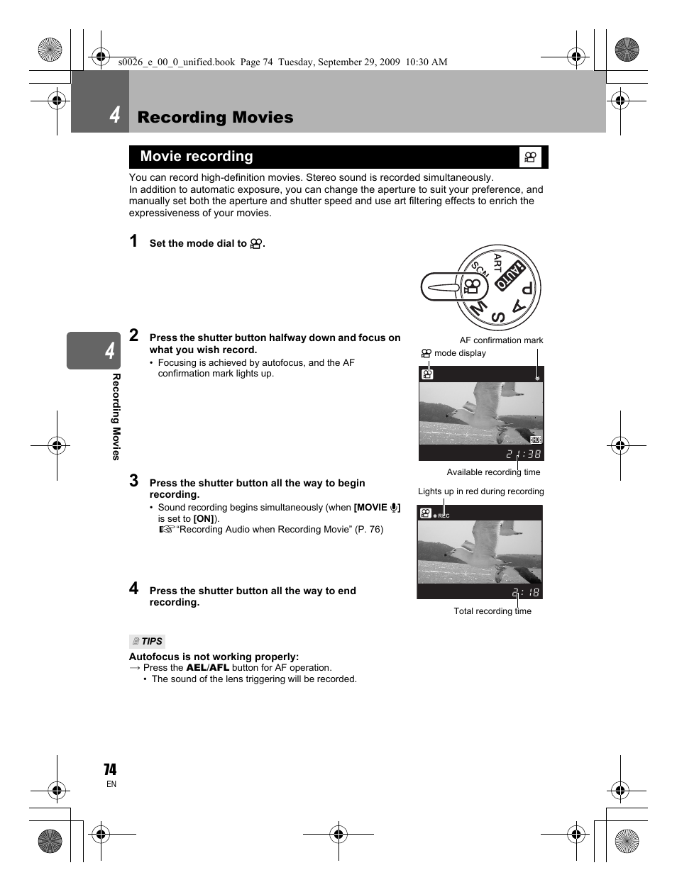 Recording movies, Movie recording | Olympus E-P2 User Manual | Page 74 / 164