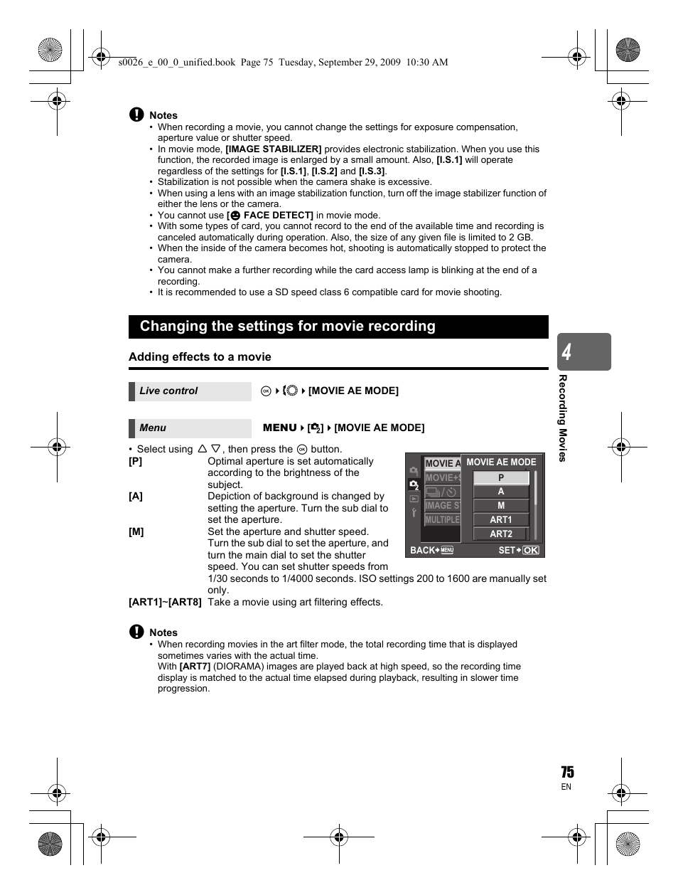 Changing the settings for movie recording | Olympus E-P2 User Manual | Page 75 / 164