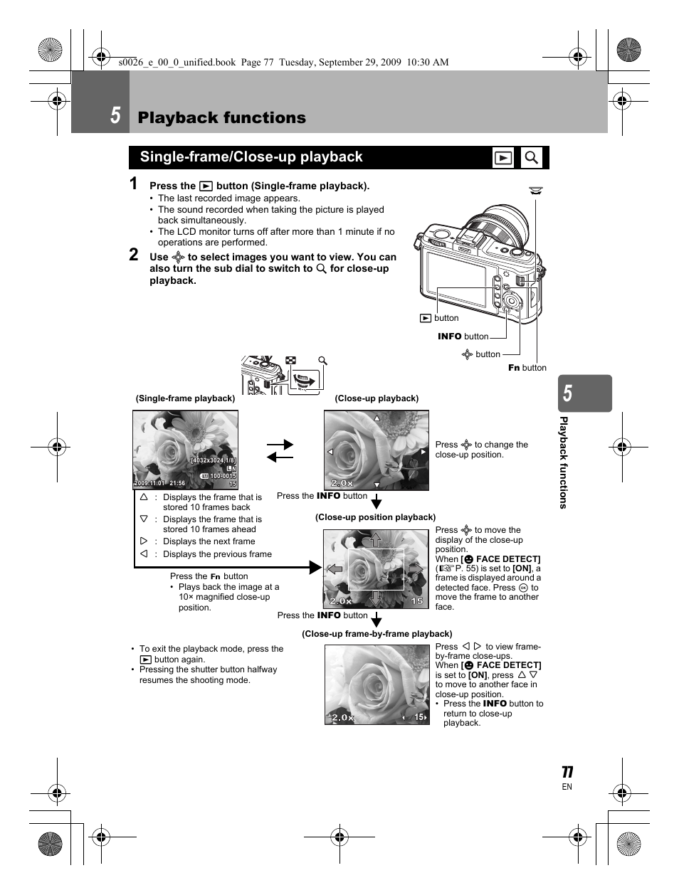 Playback functions, Single-frame/close-up playback | Olympus E-P2 User Manual | Page 77 / 164