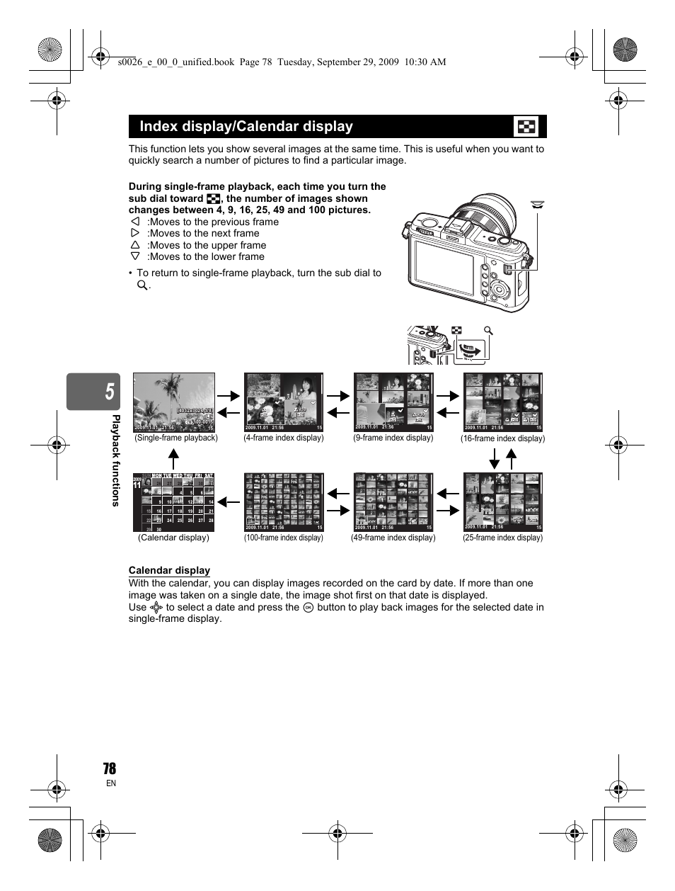Index display/calendar display | Olympus E-P2 User Manual | Page 78 / 164