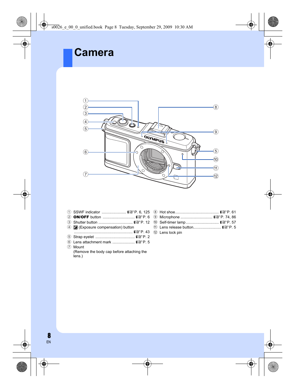 Camera | Olympus E-P2 User Manual | Page 8 / 164