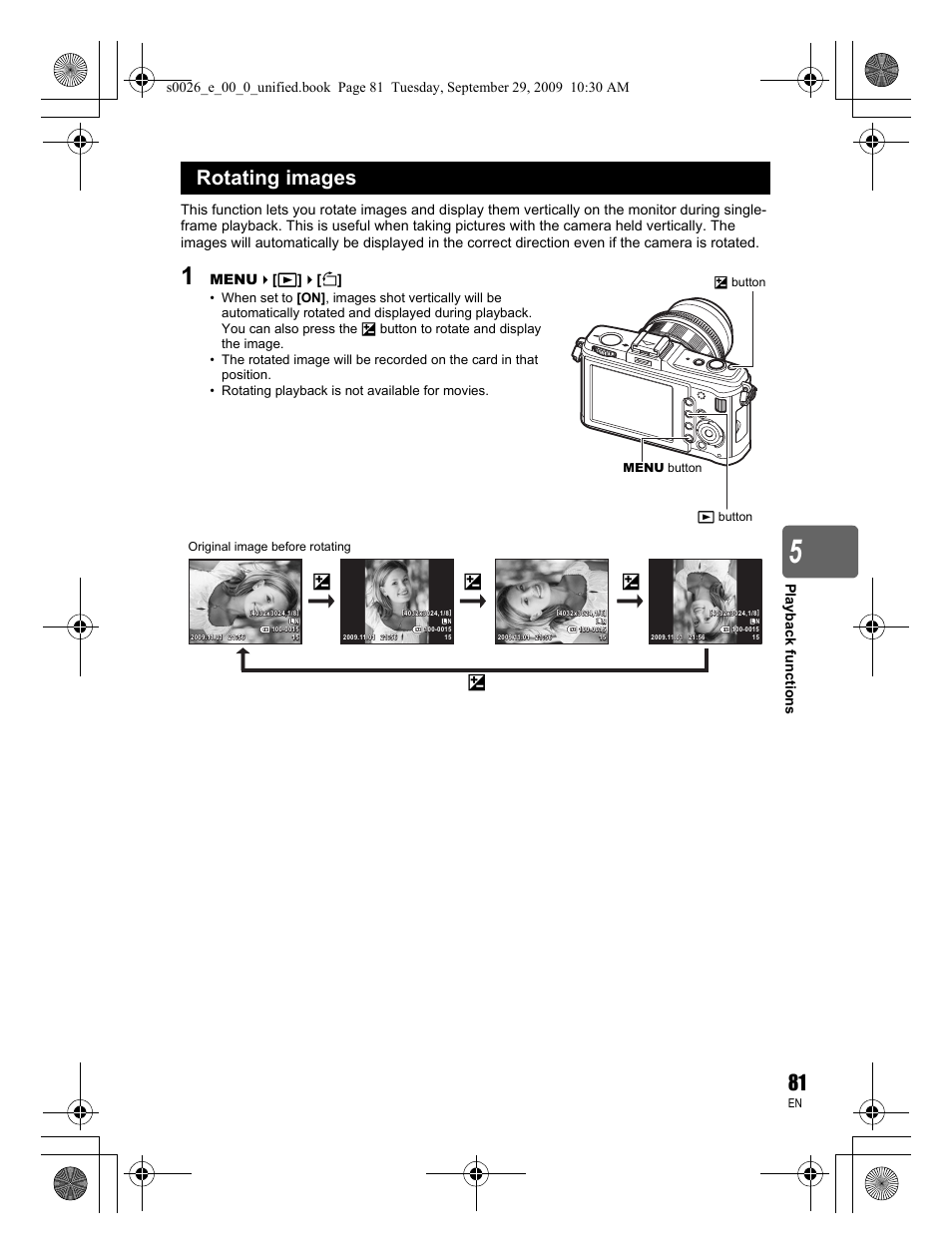 Rotating images, Menu [ q ]  [ y | Olympus E-P2 User Manual | Page 81 / 164