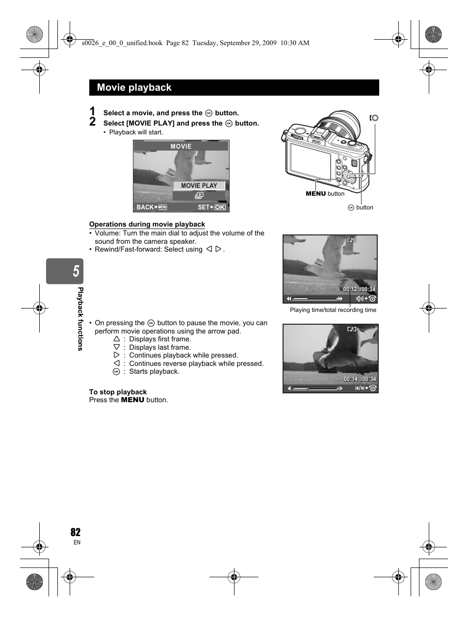 Movie playback | Olympus E-P2 User Manual | Page 82 / 164