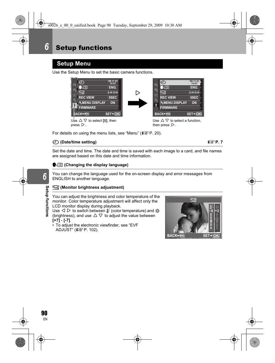 Setup functions, Setup menu | Olympus E-P2 User Manual | Page 90 / 164
