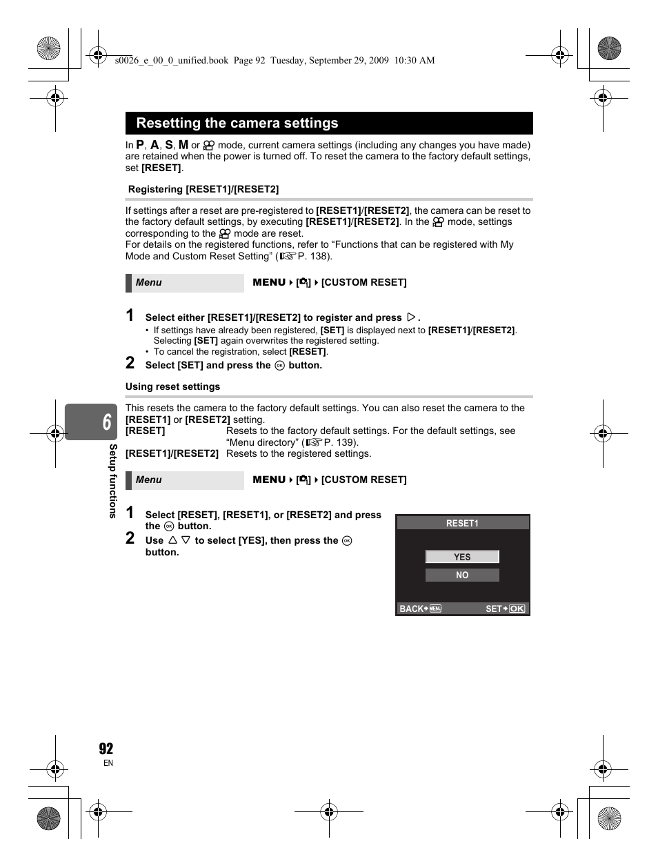 Resetting the camera settings | Olympus E-P2 User Manual | Page 92 / 164